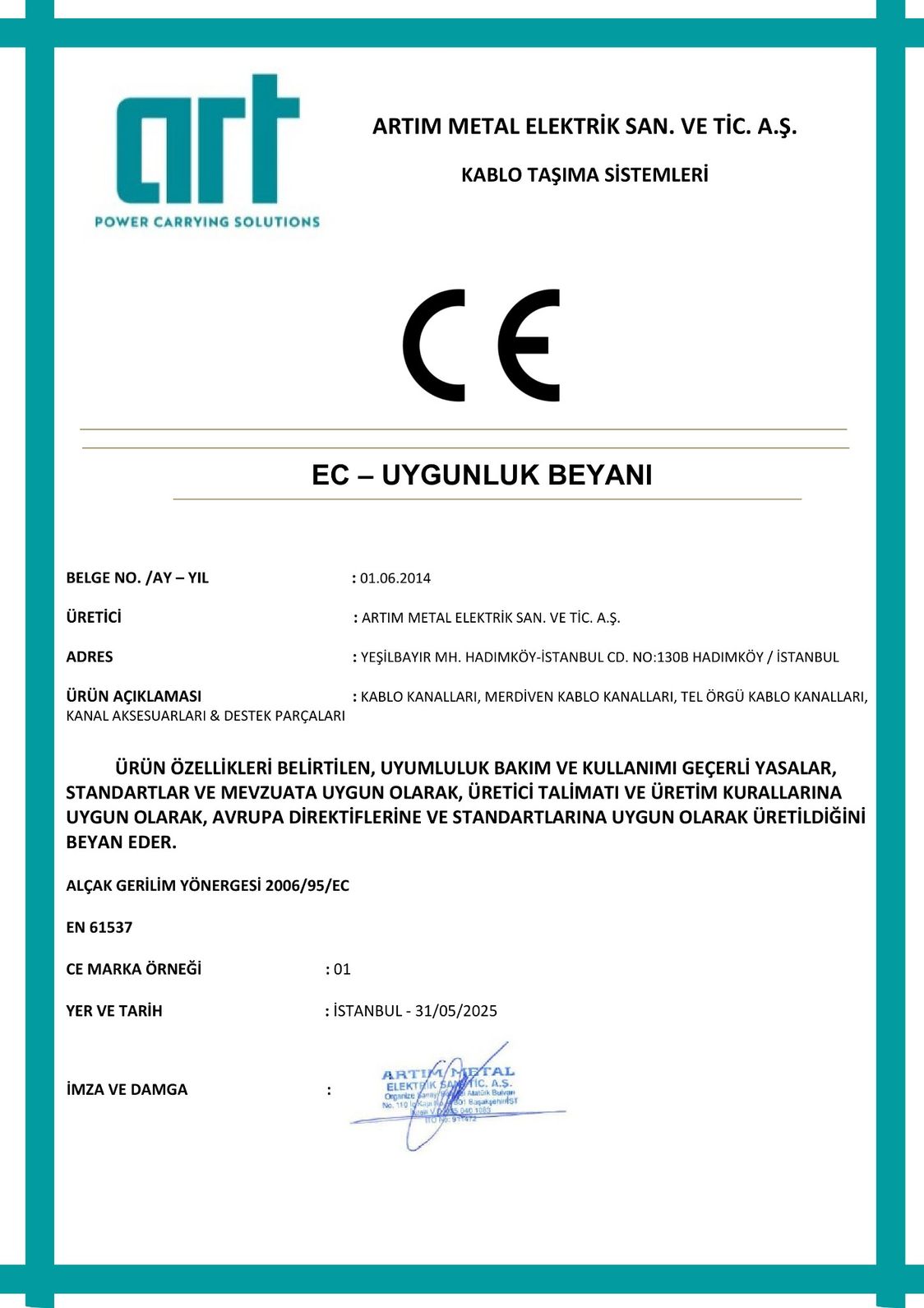 Artım Metal CE Belgesi