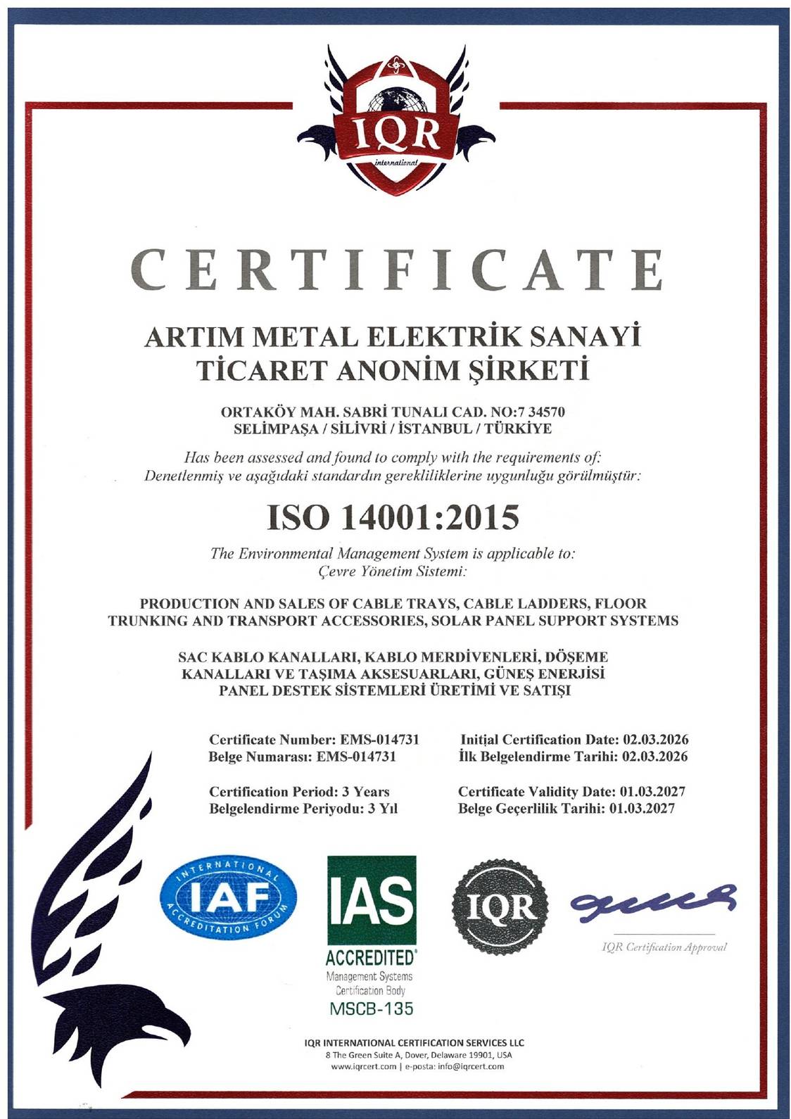 ISO 14001:2015 Certificate