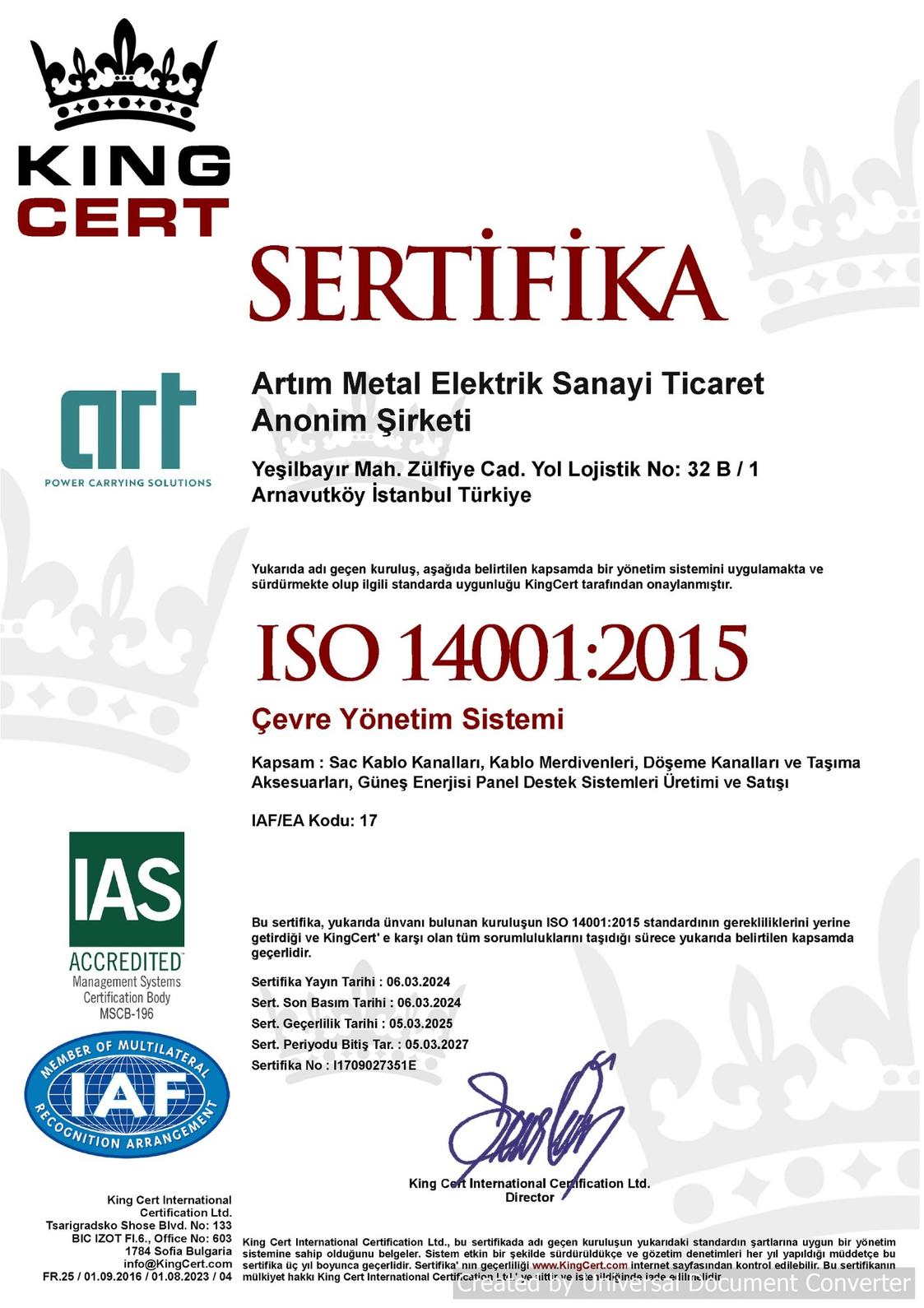 ISO 14001:2015 Belgesi