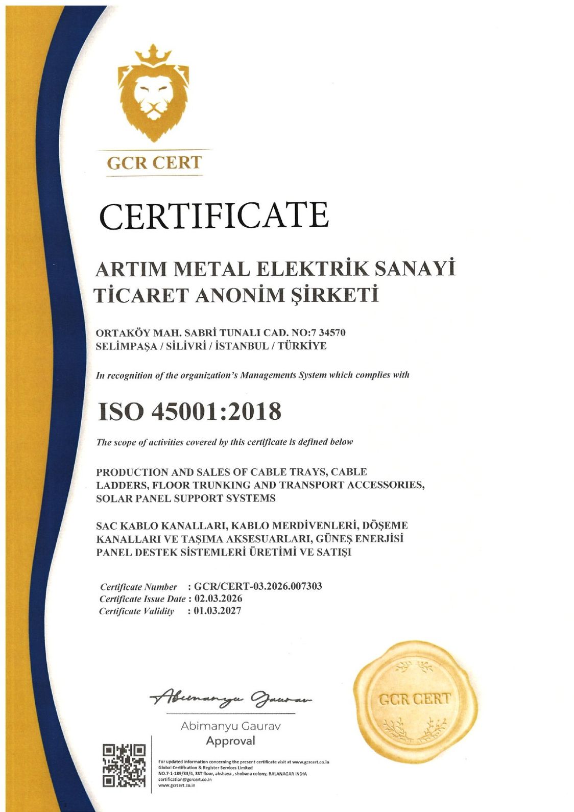 ISO 45001:2018 Certificate