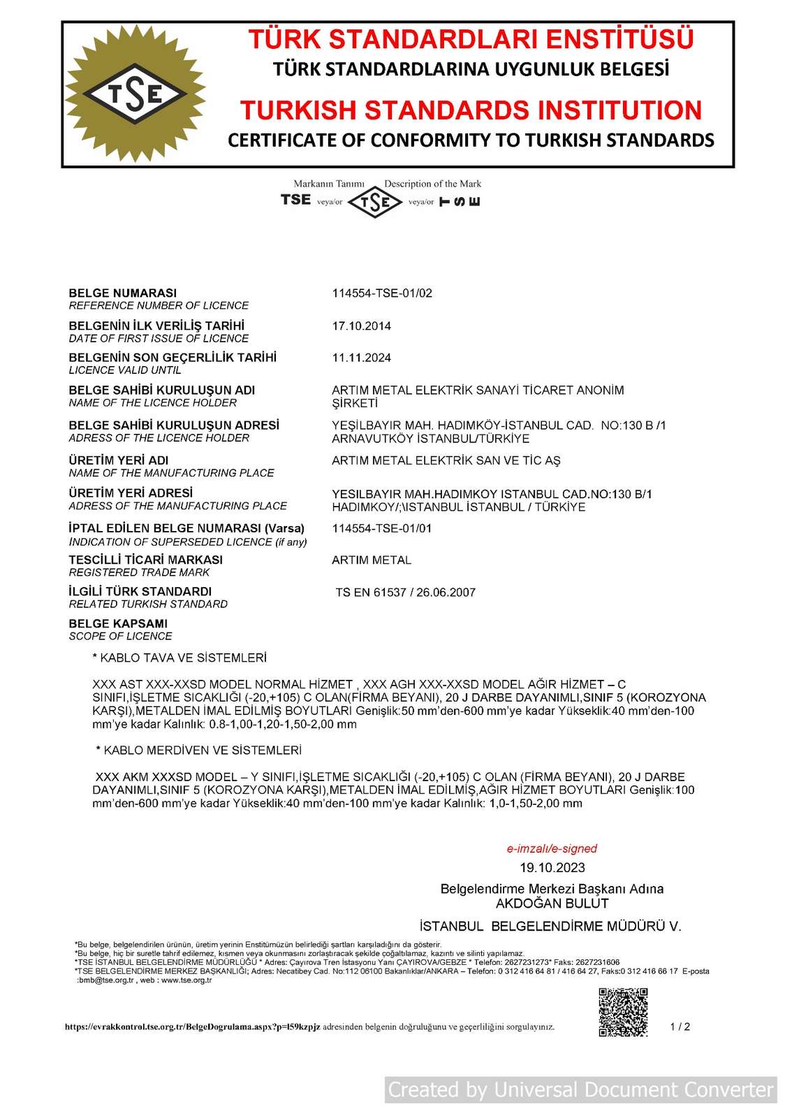 Certificate of Conformity to Turkish Standards